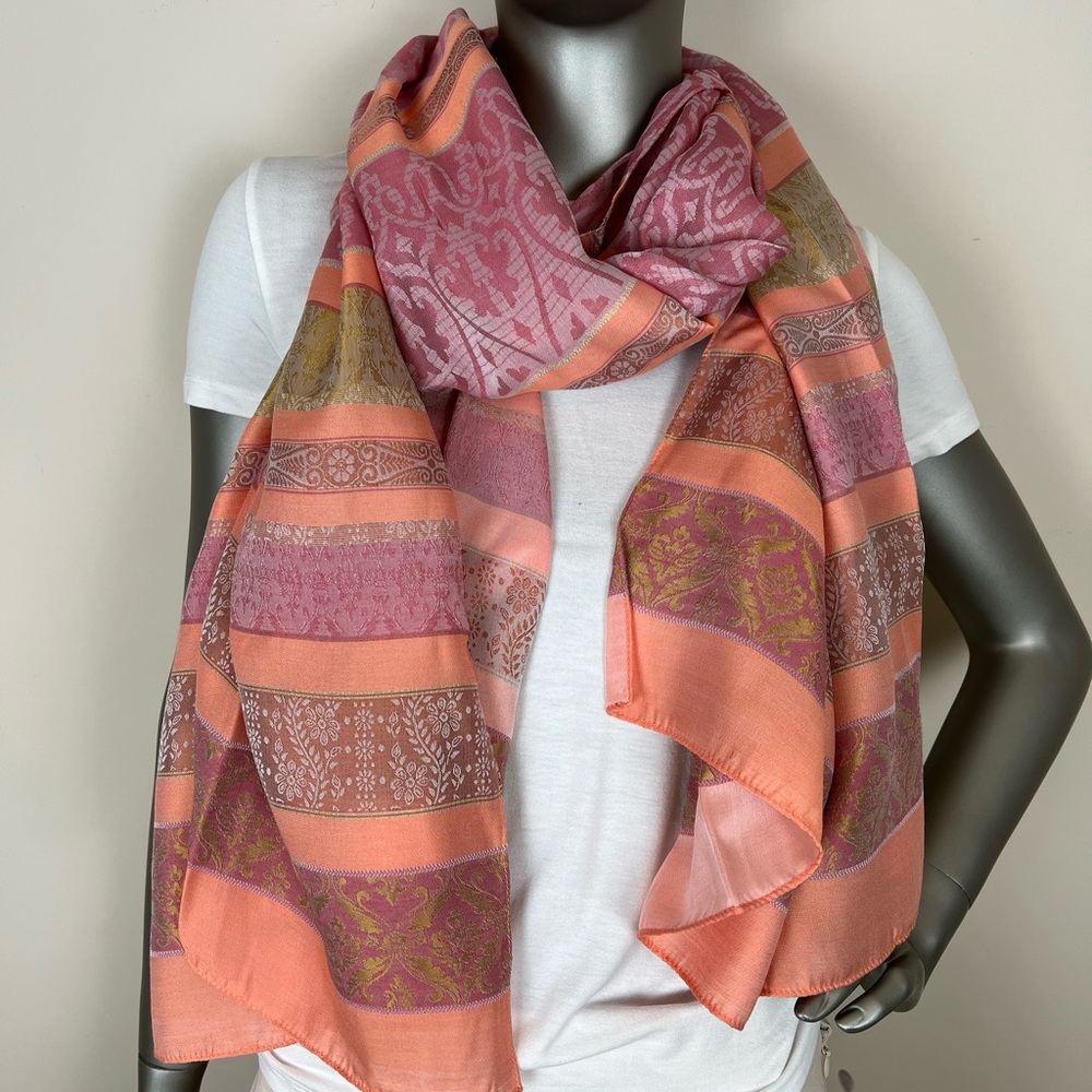 Italian Coral Pink Gold Scarf Large Rectangle 72” x 31” Fall colors